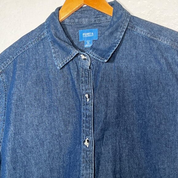 Port & Company Ladies XL Denim Button-Up Shirt Short Sleeve Casual 100% Cotton - Picture 4 of 14